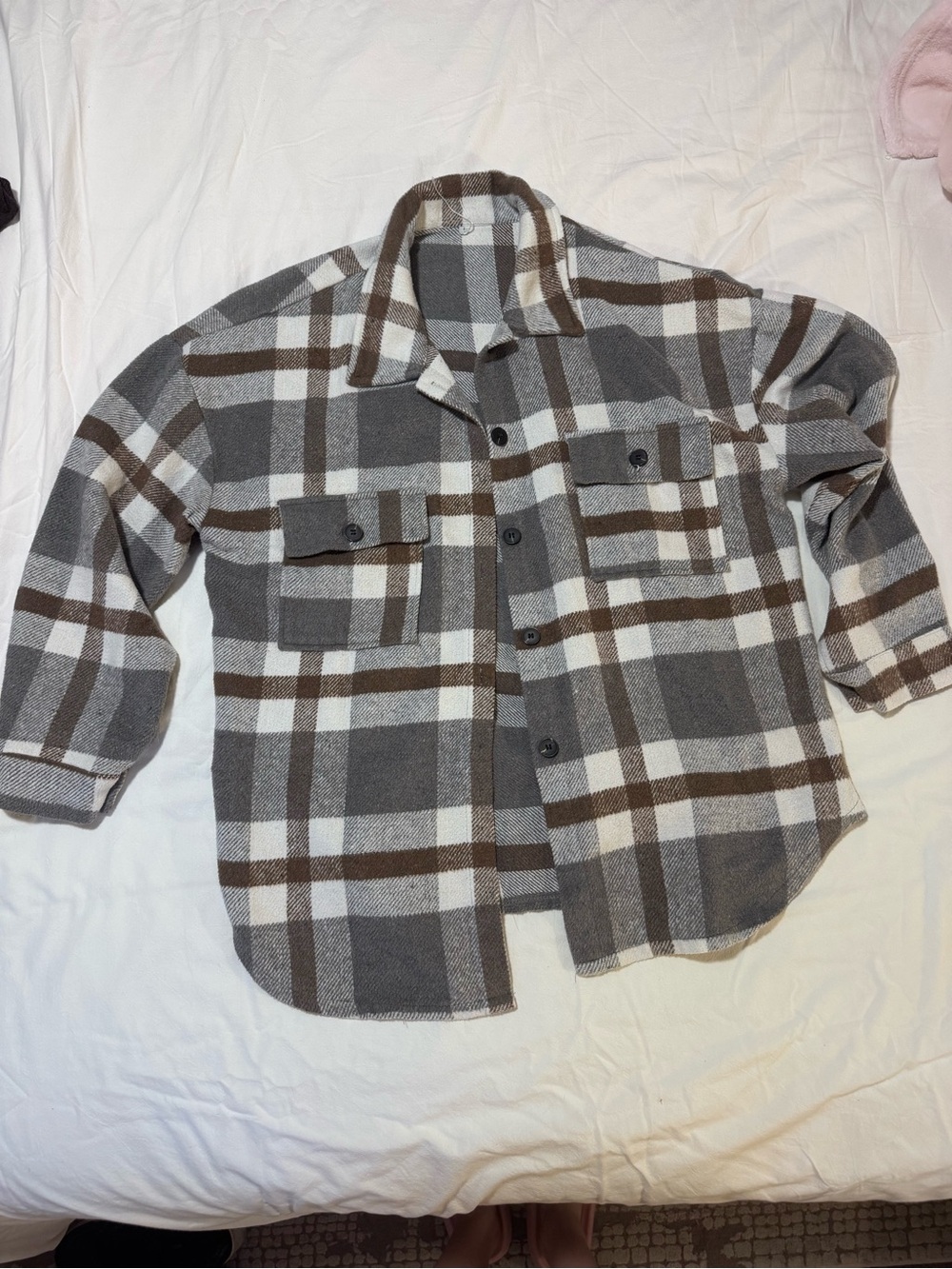 Plaid Button-Up Shirt Jacket in Gray, White & Brown